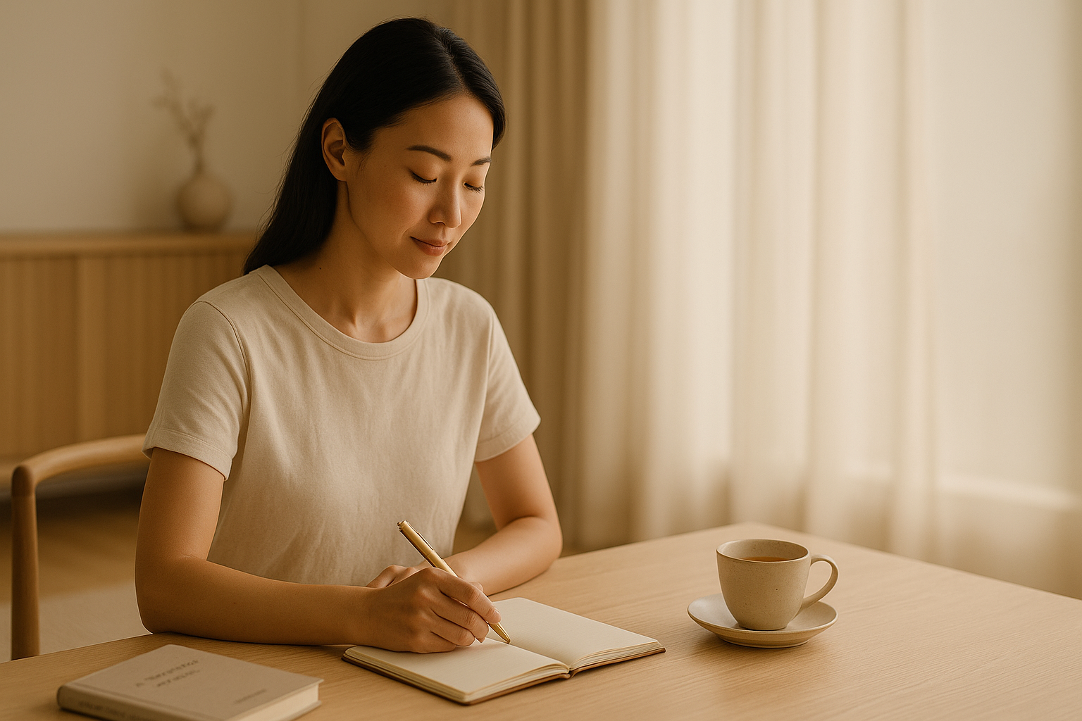 静かな空間で想いを綴る女性