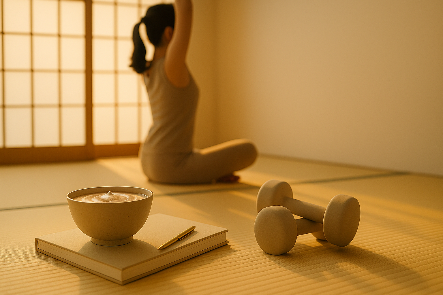 和室で朝のストレッチをする女性とプロテインボウル、ダンベルが置かれた静かなシーン