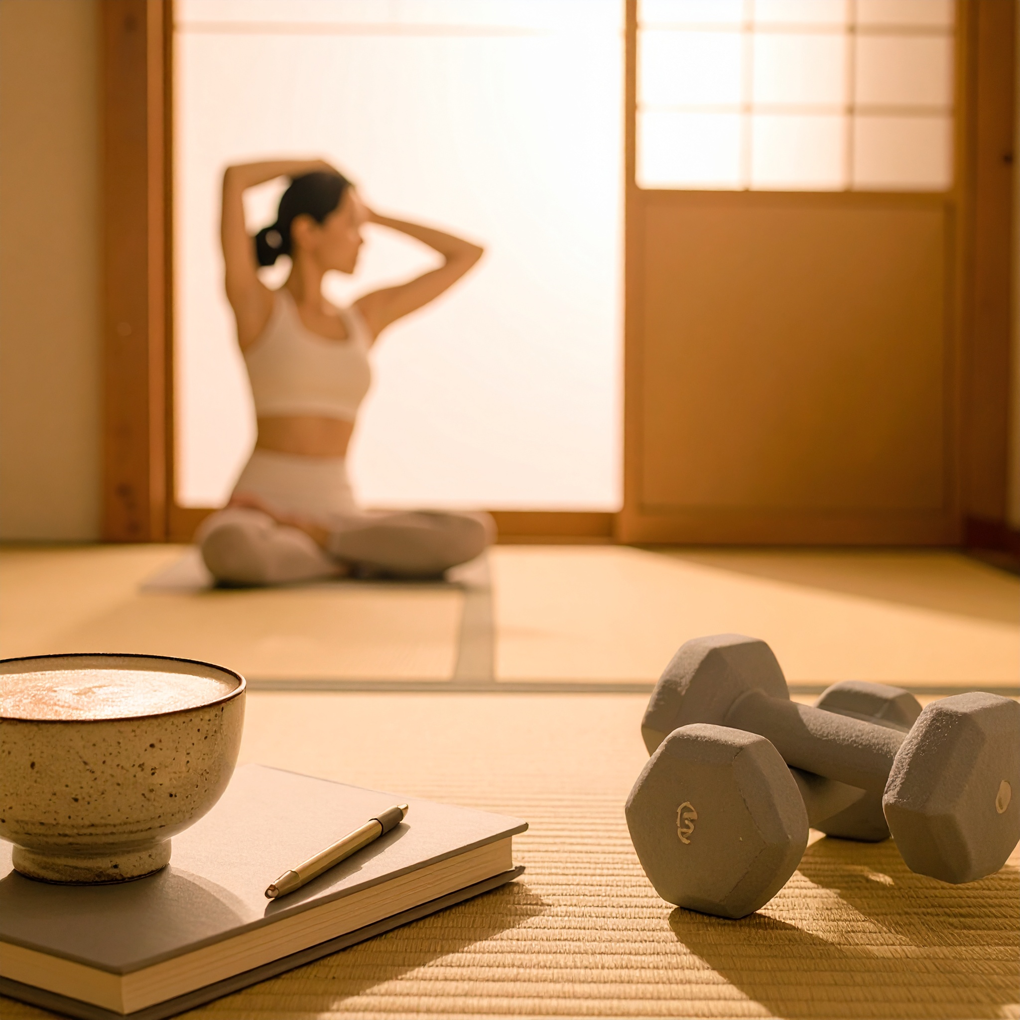 和室で朝のストレッチをする女性とプロテインボウル、ダンベルが置かれた静かなシーン